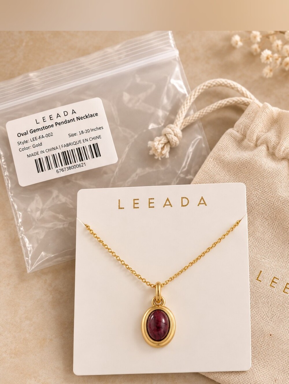 LEEADA Oval Gemstone Pendant Necklace – Gold Burgundy – 18–20" – New